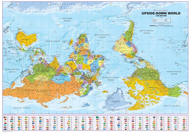 World "Upside Down" Map - Laminated/Metallic Strips - 39" x 54"